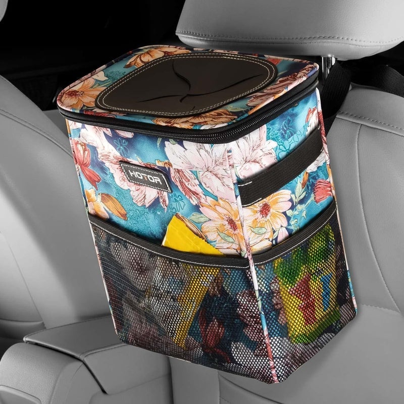 HOTOR Car Trash Can with Lid and Storage Pockets - 100% Leak-Proof Organizer, Waterproof Garbage Can, Multipurpose Trash Bin for Car, 2 Gallons, Blue Flower - Image 1